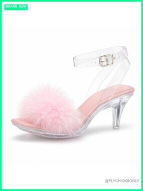 Women's Fuzzy Clear Heels Ankle Strap Stiletto Sandals Fluffy Feather Slip On